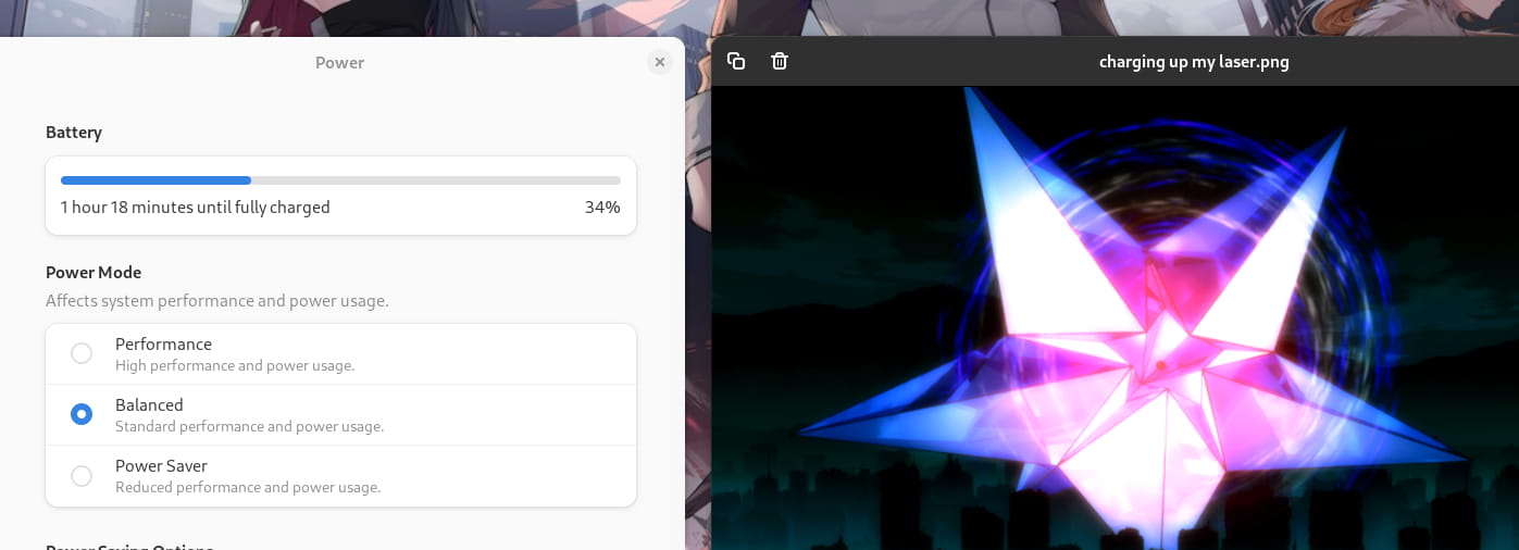 A screenshot of GNOME Settings (the Control Center panel) showing the laptop battery charging status in the Power panel, next to a picture of Ramiel (from Rebuild of Evangelion) charging up its energy beam