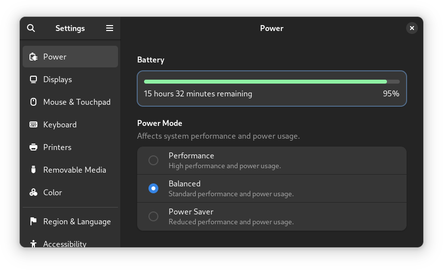 GNOME Settings' "Power" panel showing a 15.5 hours battery life estimate at 95% charge